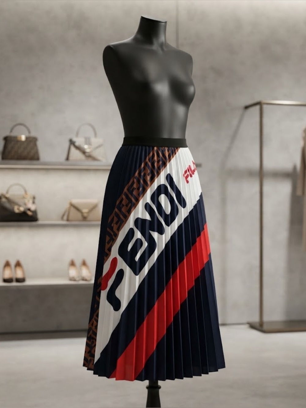 Brand New woman’s Pleated Graphic Midi Skirt in Black, Red & Cream